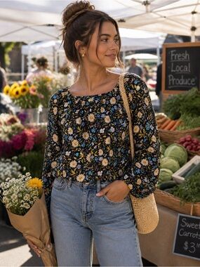 Bohemian Floral Peasant Blouse Black Blue Yellow Prairie Cottagecore Top Medium